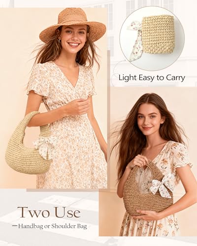 fauson Beach Bags for Women - Handmade Straw Clutch Purses for Women Handbag Zip Closure Tote Bag Lightweight - color: Beige