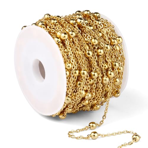 33 Feet Gold Satellite Bead Chains Roll, 2mm 18K Gold PVD Plated 304 Stainless Steel Ball Beaded Cable Link Chains Spool Bulk for Jewelry Making DIY Craft - color: Gold Big Beads Satellite Cable Chain