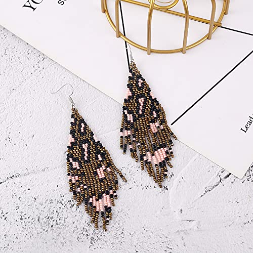 Long Beaded Tassel Earrings - Bohemia Colorful Bead Handmade Beaded Tassel Earrings，Gifts and Christmas - color: Brown leopard