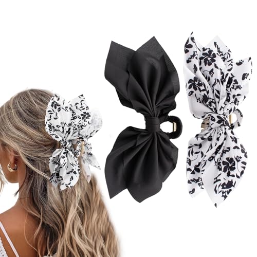 Bow Claw Hair Clips 2PCS Big Hair Bows for Women Butterfly Styling Large Hair Clips for Thin Thick Curly Hair for Girls Hair Accessories for Teens Gifts for Valentine's Day - color: 2PC-Black+White Floral