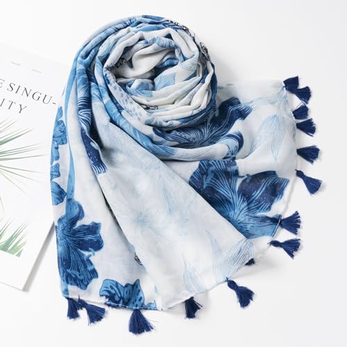 QIUTIMIY Scarf for Women Lightweight Soft Floral Leopard Printed Scarves Fall Winter Fashion Shawl Wrap with Fringe - color: Flower-white Blue