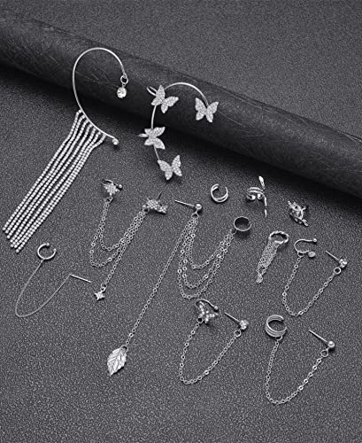 Tornito 17Pcs Ear Cuffs Chain Earrings Snake Butterfly Leaf Non Piercing Clip on Earring Fake Helix Cartilage Earrings Ear Clip Jewelry Silver Gold Tone - color: A:Silver Tone