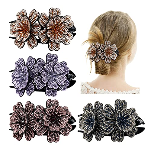 inSowni 4 Pack Luxury Fancy Gems Korean Decorative Glitter Sparkly Crystals Rhinestones Double Flower Hair Claws Clips Plastic Barrettes Hairpin Clamps Hair Accessories for Women Girls Thick Long Hair - color: 4 Pack Rhinestone Double Flower Hair Claw Cli