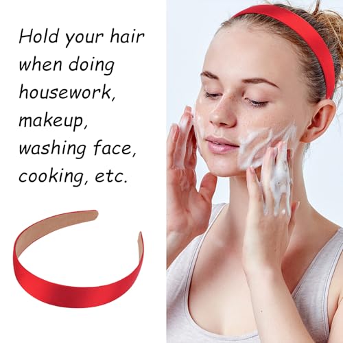 Wecoe 10 Pack Red Headbands 1 Inch Wide Glossy Satin Headbands Women Non Slip Fashion Plain Solid Head Bands DIY Valentine' s Day Christmas Hair Accessories for Women Girls Diademas Para Mujer - color: Bright Red