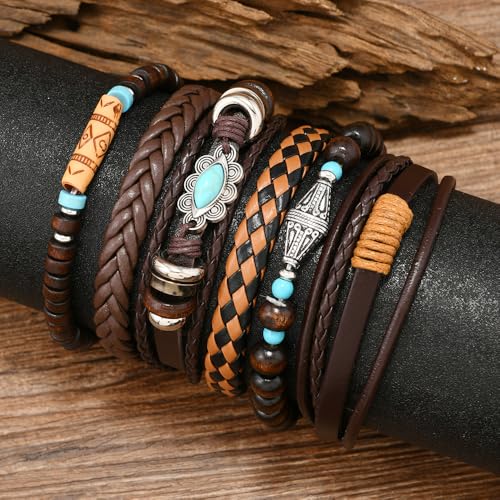 Turquoise Leather Western Bracelets for Women Men Bohemian Retro Turquoise Wrap Bracelets Exquisite Layered Stacked Cowboy Cowgirl Bracelet Western Country Concert Outfits Leather Cuff Bracelet for Women - style: Turquoise