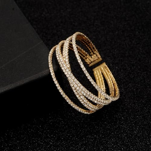 Women's Multi-Layer Rhinestone Cuff Bracelet Sparkling Crystal Tennis Bangle for Bridal Wedding Party - color: 1203 Gold