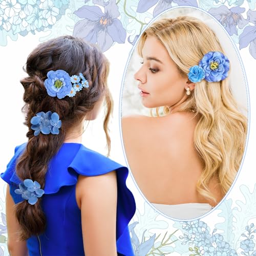 BBTO 21 Pcs Flower Hair Clip Rose Hair Clips Barrettes for Women Flower Accessories Boho Bride Claw Clip Hairpin Brooch Pin Headpiece for Wedding (Blue Series) - color: Blue Series