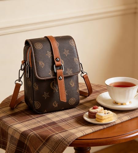 myfriday Vintage Crossbody Phone Bag for Women, Small PU Leather Shoulder Purse and Handbag - color: B-pattern Brown