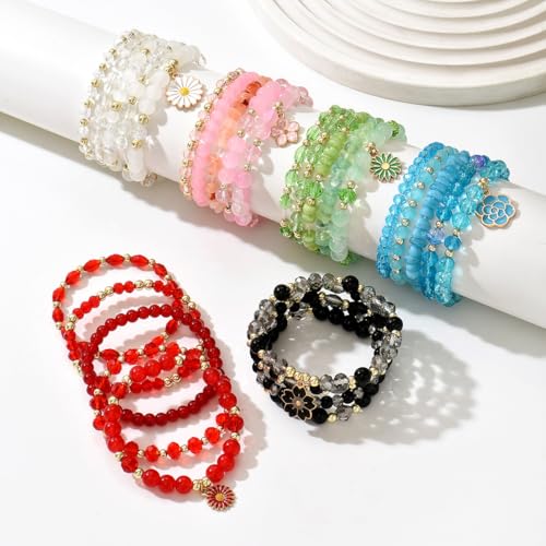 LOTSOF Boho Flower Beaded Bracelet Set for Women - Multilayer Crystal & Flower Charm Stackable Bracelets, Fashion Jewelry Gift for Her - color: Blue