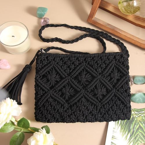 Eiyye Handmade Crochet Purse Boho Cotton Rope Crossbody Shoulder Bag with Tassel Casual Bag for Women - color: Black