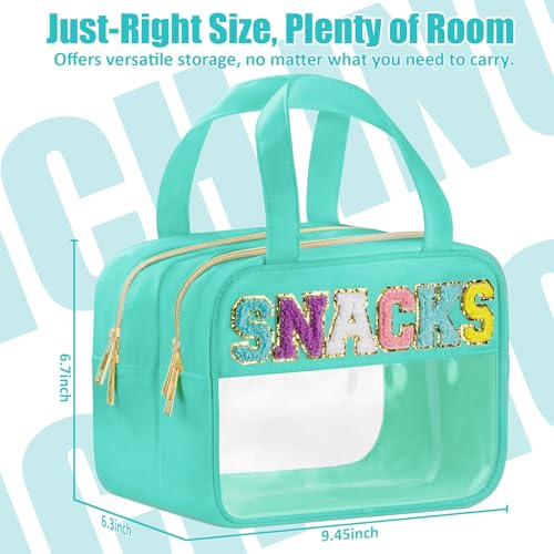 BuyCard Chenille Letter Clear Makeup Bags, Snacks Bag for Travel, Preppy Patch Nylon Cosmetic Bag with Handles and Zipper, Waterproof Large Clear Travel Toiletry Bag Storage Bag for Women Green - color: Green-Snacks