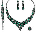 CSY 4 Pcs/Set Austrian Crystal Necklace Earrings Bracelet Ring Bridal Jewelry Sets for Brides Wedding Party Costume Accessories Gifts for Women - color: emerald--black tone