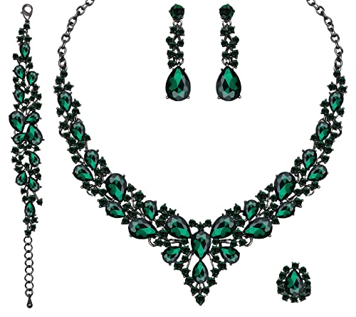 CSY 4 Pcs/Set Austrian Crystal Necklace Earrings Bracelet Ring Bridal Jewelry Sets for Brides Wedding Party Costume Accessories Gifts for Women - color: emerald--black tone