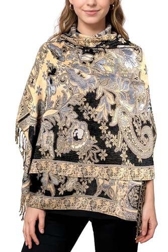 Achillea Elegant Paisley Floral Pashmina Shawl and Wrap – Boho Rave Scarf for Festival, Travel & Everyday Wear - color: Black White