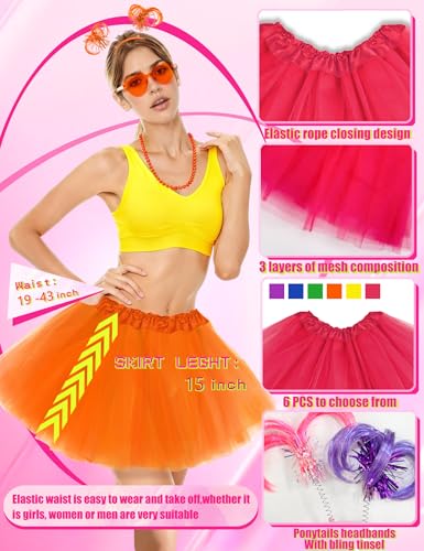 80s Tutu Costume Accessories Set for Women, Tutus Skirt Ponytail Headband Necklace Sunglasses, Party Halloween - color: Hot Pink