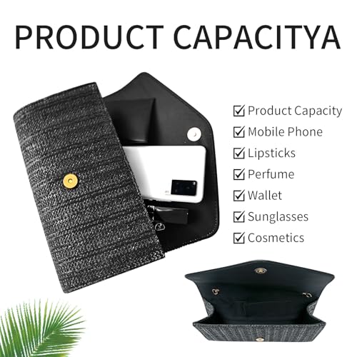 Straw Clutch Purse for Women Envelope Clutch Handbags for Summer Beach Evening Shoulder Crossbody Bag - color: Black