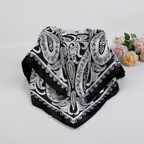 AIBFRID Square Head Scarves Satin Silk Hair Scarf Boho Bandana Headwear for Women Silk Feeling Hair Wrap Neck Scarf - color: Black, size: 35inch