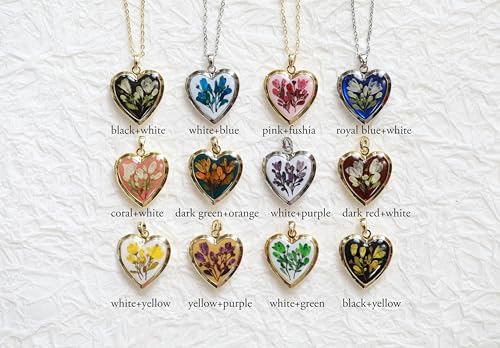 Handmade Dried Pressed Flower Heart Shaped Photo Locket Pendant Necklace - color: Silver, style: Yellow Flower on White