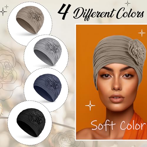 JenPen 4 Pcs Cotton Chemo Headwear for Women Turban Soft Cancer Head Scarf Hats Beanie Elastic Hair Wraps - color: Dark Gray, Brown, Black, Light Gray