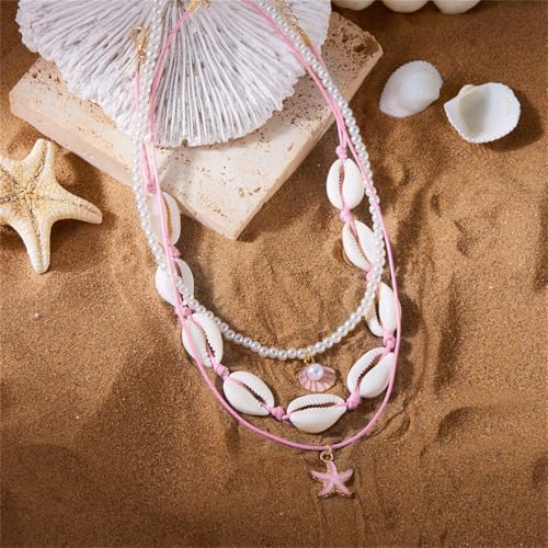 Shell Beach Choker Necklace Set for Women Boho Layered Beaded Adjustable Starfish Conch Shell Nacklace Imitaion Pearl Rice Beads Necklace Summer Ocean Vacation Jewelry - color: Pink