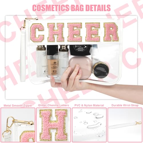 BuyCard Cheer Chenille Letter Bags Clear Makeup Bag, Cheerleader Gifts Cosmetic Bag, Varsity Preppy Patch Flat Pouch Cheer Accessories, Waterproof PVC Organizer Toiletry Bag for Women Girls White - color: White-Cheer