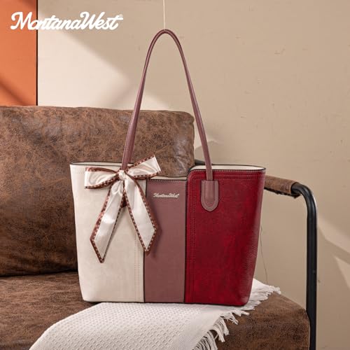 Montana West Tote Bags for Women Top Handle Satchel Purses - color: Beige With Red