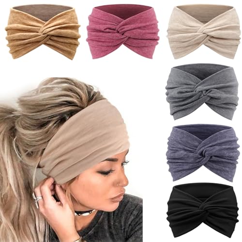 DRESHOW 6 Pack Extra Wide Headbands for Women Large Turban Headband Boho Head Wrap Elastic Hairbands Hair Twisted Knot Hair Accessories - color: 6 Pcs: Black, Begonia Red, Earthy Brown, Grey, Beige, Navy Blue