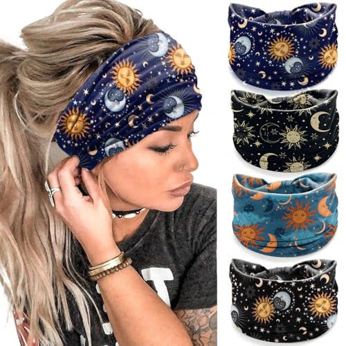 Wide Headbands for Women Non Slip Knotted Headhand Bandana Star Moon Head Bands Hair Wrap Yoga Workout Hair Accessories 4 Pack - color: 4 Pack Star Moon Headbands Style 10