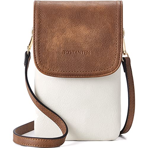 BOSTANTEN Vegan Leather Crossbody Bags for Women Designer Cell Phone Bag Wallet Purses Adjustable Strap - color: C-01-white With Brown