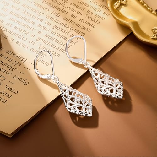 Dangle Earrings for Women, 14K Gold Plated Filigree Dangling Leverback Earrings, Silver Geometric Hypoallergenic Lightweight Dangly Drop Earings for Women Trendy Jewelry Gifts - color: A-Silver