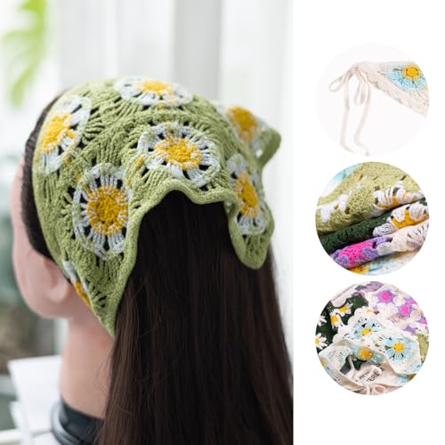 4 Pack Crochet Bandanas Boho Bandana Headband Cute Flowers Knitted Head Scarf (Daisy) - color: Daisy
