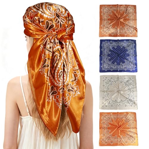 Ciormis 35" Silk Head Scarf for Women, 4 Pcs Satin Hair Scarf Square Silk Bandana Top Neck Scarves Hair Wraps for Sleeping - color: O1-cashew-set21