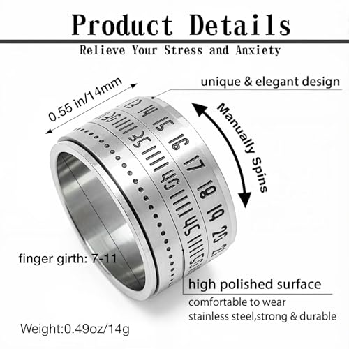 Stainless Steel Rings for Men Women, Vintage Chunky Silver Spinner Ring Band for Meditation, Relaxation& Stress Relief, Retro Wide Wrap Thumb Finger Midi Rings, Statement Cool Punk Band Ring Jewelry - color: R08Color6