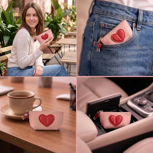 Red Heart Design Small Coin Purse - Cute Compact Keychain Change Purse Soft Leather Wallet with Zipper for Women (Pink) - color: Pink
