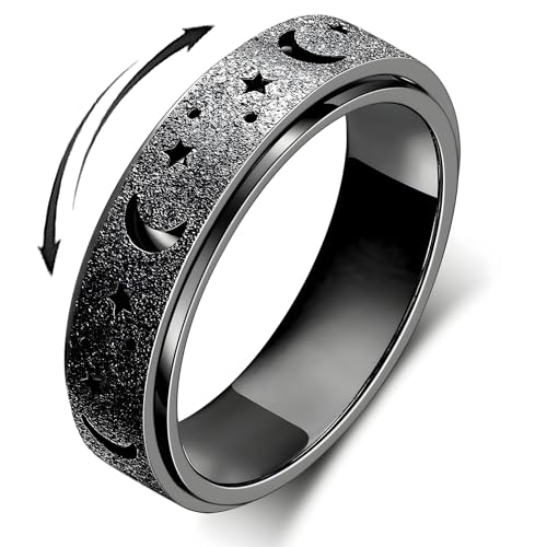 Anxiety Ring for Women Spinner Rings:Rotating Rings Stainless Steel 6mm Moon Star Anxiety for Men Band Jewelry Gift for Women Size 6 7 8 9 10 - color: B-Black