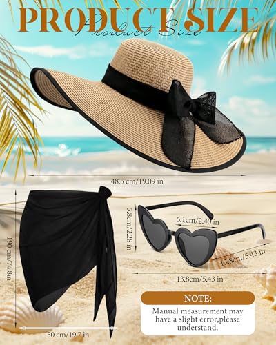 3 Pcs Summer Beach Set for Women Wide Brim Straw Sun Hat, Swimsuit Coverup Sarong, Heart Sunglasses - color: Black