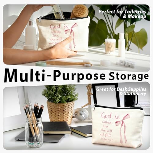 Coquette Pink Bow Christian Makeup Bag, God Is Within Her She Will Not Fall Cosmetic Bags for Women, Christian Bible Verse Gifts for Women, Preppy Aesthetic Zipper Makeup Pouch - color: 01-God Is Within Her She Will Not Fall