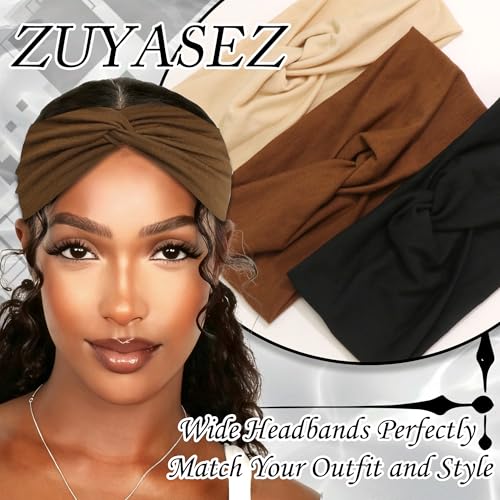 3 Pack Boho Headbands for Women Short Twist Hair Bands Stretchy Non Slip Cross Head Bandana Workout Hair Scarf Accessories - color: Black,Khaki and Coffee