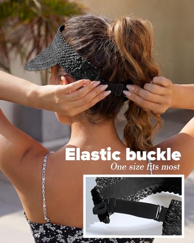 Straw Sun Visors & Hats for Women - Packable Beach Hats, Handmade, Sun Protection - color: Black