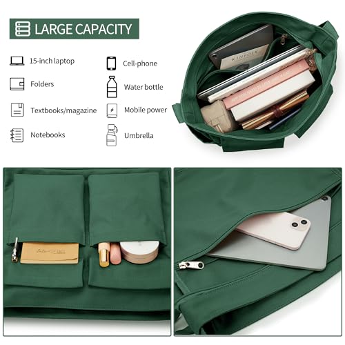 KALIDI Canvas Tote Bag Large Hobo Crossbody Shoulder Handbag Zipper Messenger Bag for Women or Men Casual College Work - color: Upgraded Dark Green