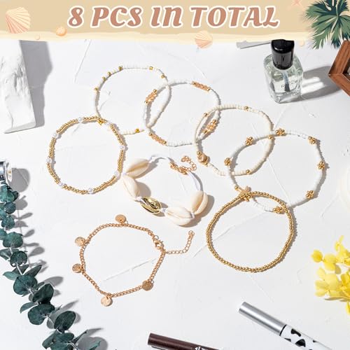 Y1tvei Shell Ankle Bracelet Set - 8Pcs White Gold Beaded Stretch Braceletst for Women, Seashell Starfish Charm Jewelry for Beach, Gold Beads Rice Beads Alloy Accessories Jewelry Gift for Summer