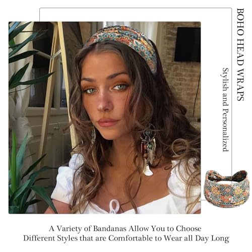 Boho Headbands for Women Elastic Non-Slip Floral Pattern Head Band Wide Twisted Knot Hair Bands Sweats Bandanas Workout Yoga Sports Hair Wraps Accessories for Girls (Pack of 4) - color: Color-6