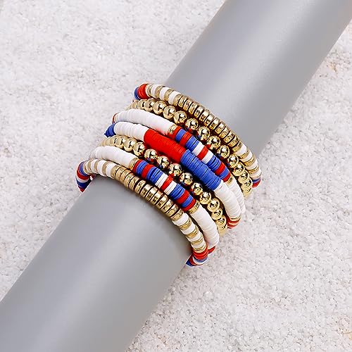 Elegance 11 designs Heishi Beaded Bracelets For Women Polymer Clay Colorful Surfer Stackable Beads Boho Bracelet Summer Beach Jewelry - color: Red white blue