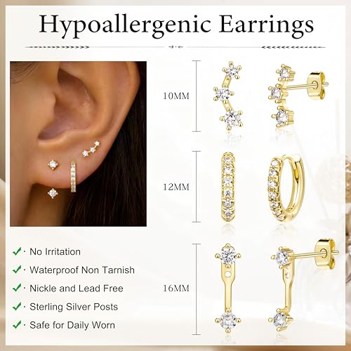3 Pairs Dainty Small 4th of July Earrings for Women Trendy, Birthstone Stud Huggie Hoop Jacket Stack for Cartilage Helix, Gold Plated Hypoallergenic Cute Women Fashion Accessories Western Jewelry Gifts - color: 04White - Apr