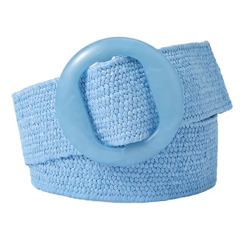 beltox fine Women PP Straw Braided Elastic Belt Solid Color with Round Buckle - color: Blue, size: XS-XL(28-40 inch stretch range)