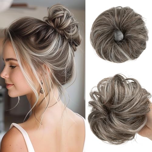 CJL HAIR 2PCs Small Cute Messy Bun Hair Piece for Thin Hair Women Mini Synthetic Curly Bun Scrunchies Updo Hairpieces Ash Grey - color: 2PCS-Ash Grey