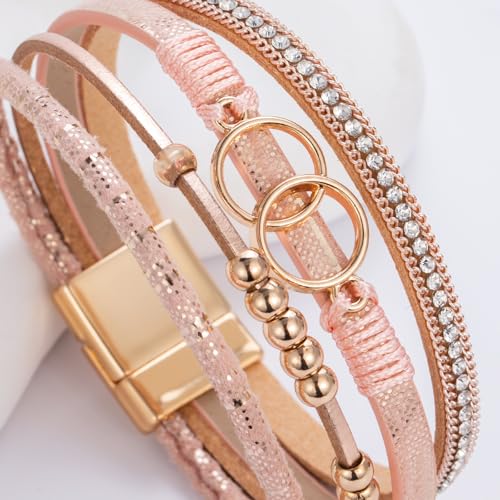 FANCY SHINY Boho Leather Wrap Bracelet Stackable Infinity Chunky Cuff Bracelets Western Hippie Outfits Jewelry Valentine Gifts for Women - color: Shiny Pink