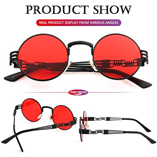 AIEYEZO Round Steampunk Sunglasses for Men Women Retro Circle Hippie Glasses Metal Frame 100% UV Blocking Lens - color: 2 Pack (Black/Red, Gold/Grey)