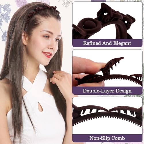 2 Pcs Headband with Clips, 90s Butterfly Hair Clips Headband with Teeth for Women, Braided Weave Bangs Non-Slip Clip Headbands Hair Accessories for Styling Decoration - 2 Colors - color: 2 Pcs,Flocked Black/Flocked Dark Coffee