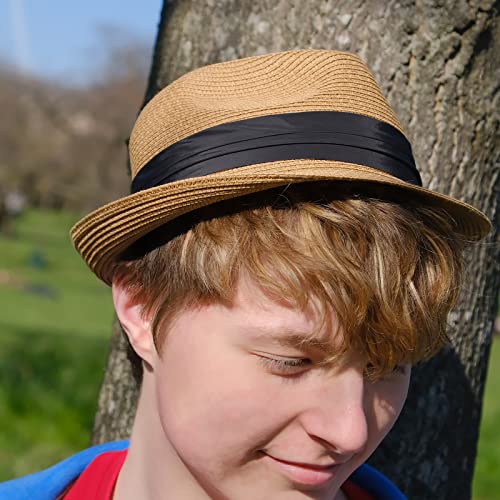 DRESHOW Women Straw Sun Hat Short Brim Panama Travel Fedora Summer Hat Roll Up Beach Cap for Women UPF 50+ - color: Khaki Fa